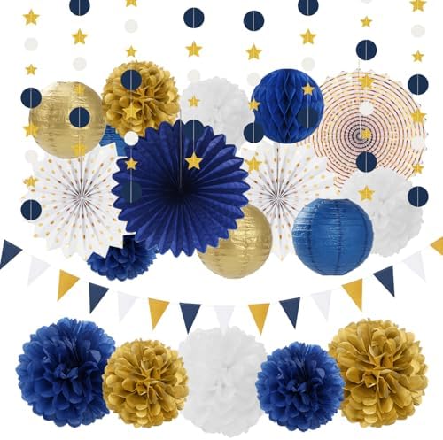Navy-Blue White Gold Graduation Party-Decorations Fan kit + Paper Garlands Kit - Image 3