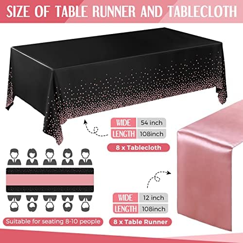 Tudomro 16 Pack Black and Rose Gold Plastic Tablecloths Satin Runner Set - Image 2