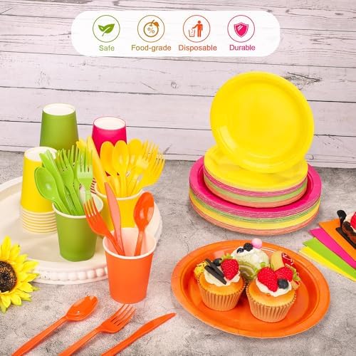 durony 350 Pieces Neon Party Supplies Paper Plates Serve 50 Guests 7 Inch 9 Inch Dinner Plates Napkins Paper Cups Cutlery Bright Color Disposable Glow Party Tableware for Fiesta Neon Birthday - Image 4