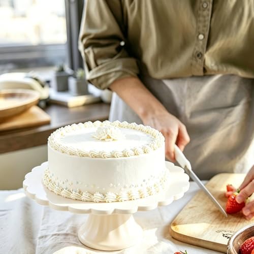 Vesici Cream Wooden Cake Stand Scalloped Round 10" L X 10" W X 3" H - Image 5