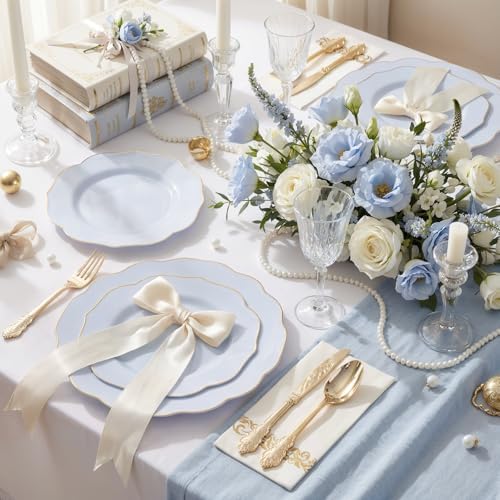 NOCCUR 175PCS Blue Plastic Plates with Gold Disposable Silverware - Include 50 Light Blue and Gold Plastic Plates,25 Knives,25 Forks,25 Spoons,25 Cups and 25 Napkins - Baby Shower/Party/Spring/Wedding - Image 6