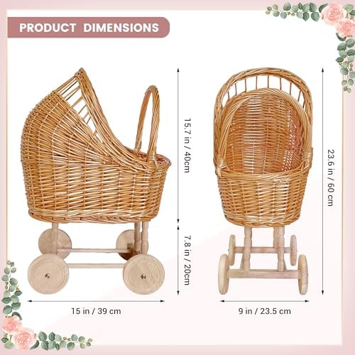 23.6 Inch Woven rattan baby stroller baskets, vintage rattan flower cart, wedding and gift decorations, pushcart-style decorative flower stands - Image 3
