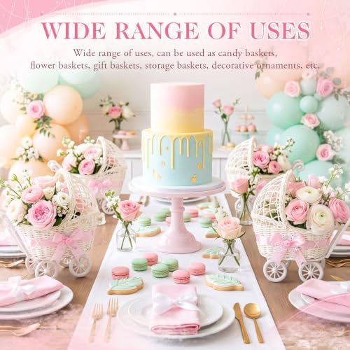 4 Pack Rattan Baby Carriage Floral Arrangement Pink Baby Shower Table Centerpiece Stroller Candy Serving Basket for Guests Gender Reveal Wedding Party Favor Gift, Floral Not Included - Image 5