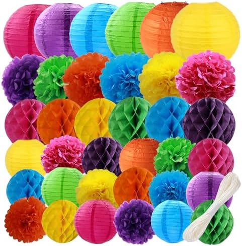 WOLHOWLTD Colorful Paper Decoration Set - 36 Pcs Paper Lanterns, Pompoms, Honeycomb Decorations for Wedding Rainbow Birthday Party Mexican Fiesta Classroom, Wedding, Home Decoration (6 Mixed Colors) by Unknown