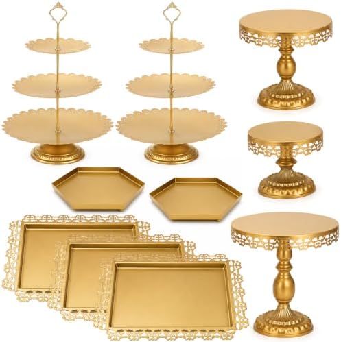 Hacaroa Set of 10 Gold Cake Stand, Metal Dessert Table Display Set Tiered Cupcake Holder, Decorative Candy Fruit Tower Plate Dessert Serving Tray Platter for Wedding, Birthday Party, Baby Shower by Hacaroa