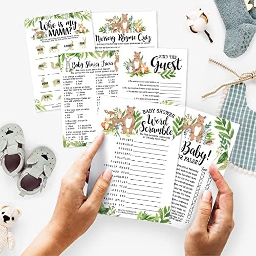 25 Woodland Word Scramble For Baby Shower, 25 True Or False Game, 25 Trivia Game, 25 Find The Guest, 25 Baby Animal Matching, 25 Nursery Rhyme Game - 6 Double Sided Cards Baby Shower Ideas - Image 2
