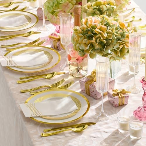 By Madee HEAVYWEIGHT White Plastic Plates with Gold Trim 175 PCS - Image 3