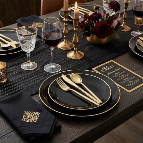 I00000 150Pcs Black Plastic Plates, Heavy Duty Black Plates for 30 Guests - Image 2