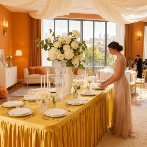 Wish Care Gold Polyester Table Clothes for 8 Foot Rectangle Tables, Wrinkle Free Fitted Table Cover with Pleated Ruffle Table Skirt for Birthday Party Wedding Trade Show Event Display - Image 3