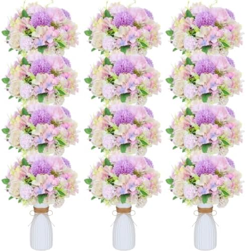 12 Set Artificial Hydrangea Peony Flowers with Vase, Purple by Unknown