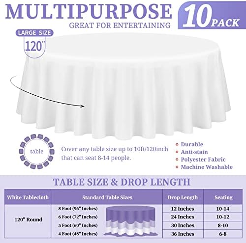 Showgeous 120 Inch White Round Tablecloths, Polyester Table Covers - Image 2