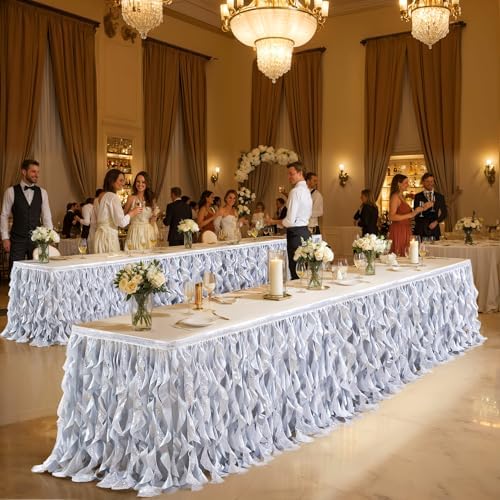 Wish Care 21ft Silver Sequin Table Skirt for Rectangle Tables Glitter Fringe Tutu Skirts Ruffle Tablecloth Teacher Desk Skirt for School Classroom Office Wedding Birthday Party Table Decorations - Image 2