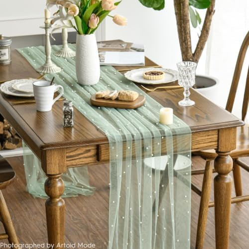 Artoid Mode 6-Pack Pearl Sage Green Gauze Table Runner 10FT Home Decor - Image 2