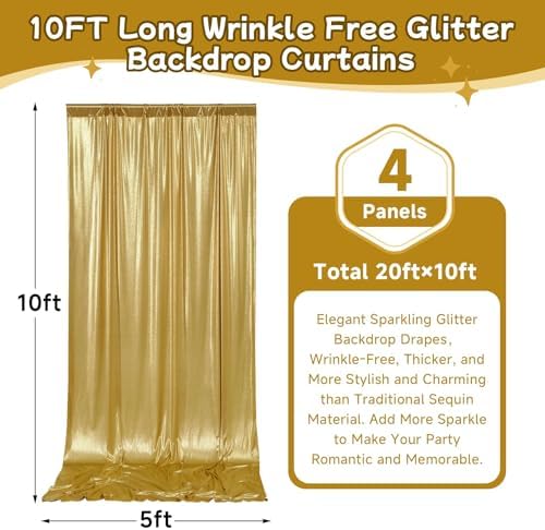 20x10ft Thick Gold Glitter Backdrop Curtain Panels for Parties, Wrinkle Free Sparking Sequin Backdrop Drapes, 4 Panels 5x10ft Shimmer Photo Back Drop Cloth for Wedding Birthday Photography - Image 6