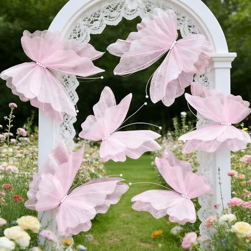 SUNBEAUTY 3D Large Pink Butterfly Decorations, Mariposas Grandes para Decoracion 20 Inch, 16 Inch Giant Hanging Butterflies for Baby Shower Birthday Wall Spring Summer Decor for Girls, Women 6pcs by SUNBEAUTY