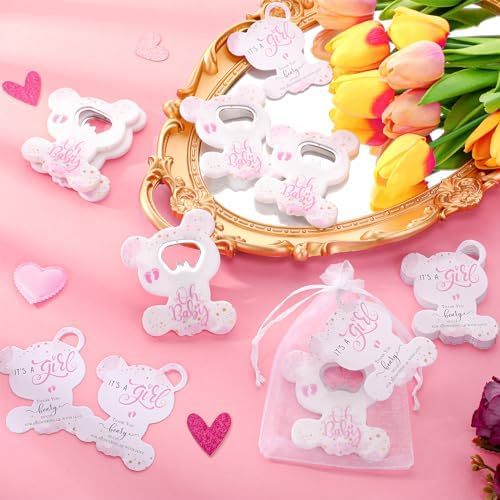 Domensi 75 Pcs Baby Shower Favors Bear Opener Magnet Card Organza Bag, Girl - Image 4