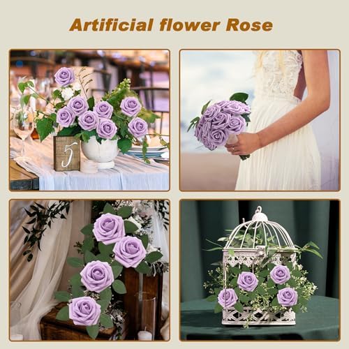 Artificial Flowers Realistic Roses, 100pcs Real Looking Fake Roses with Stem for DIY Wedding Bouquets Centerpieces Bridal Shower Party Home Romantic Decorations (Light Purple) - Image 3