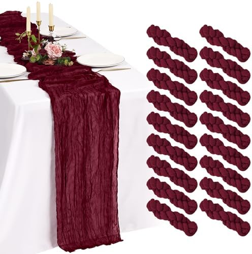 18 Pack Cheesecloth Table Runner 10FT Burgundy Red Table Runner Boho Gauze Cheese Cloth Table Runners Long Rustic Sheer Table Decorations for Wedding Party Baby Bridal Shower Birthday Holiday Home by Showgeous