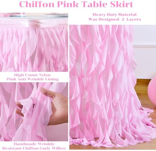 Partisky Pink Tulle Curly Willow Table Skirt for Rectangle Table 9ft, Ruffle Tutu Table Cloth for Girls Baby Shower,Birthday Party Candy Cake Tables - Image 5