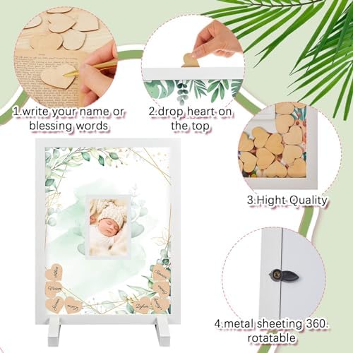 Kosiz Baby Shower Guest Book Frame, 60 Guests Wooden Hearts, Greenery - Image 3