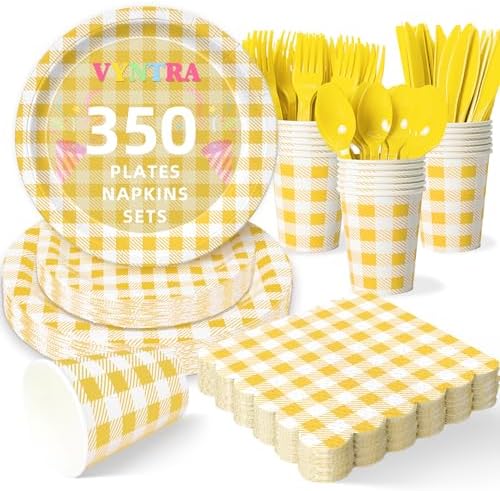 Vyntra 350-Pc Yellow Gingham Paper Plates and Napkins Party Supplies by PartyTablewareSupplies