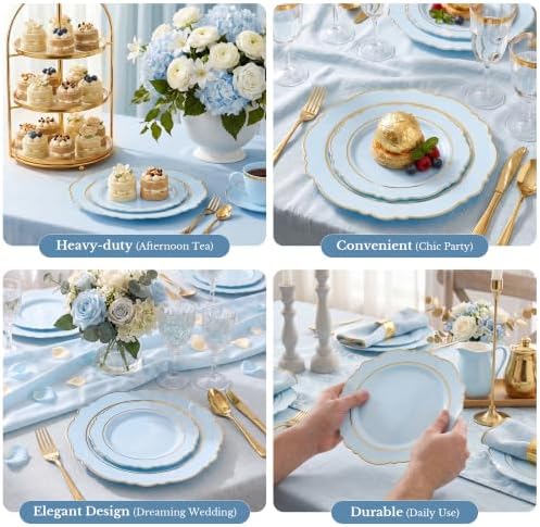 realluck 200PCS Light Blue Plastic Plates with Gold Trim Baroque - Image 2