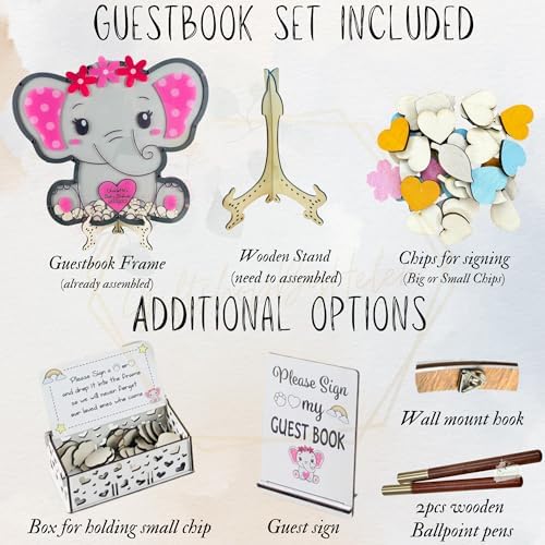 Elephant Baby Shower Guest Book Alternative Drop Box Frame Wood Girl Pink - Image 7