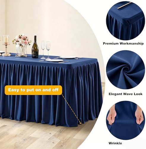 Wish Care Navy Blue Table Clothes for Rectangle Tables 6ft, Wrinkle Resistant Fitted Table Cloth with Pleated Ruffle Skirts for Banquet Wedding Baby Shower Folding Tables - Image 4