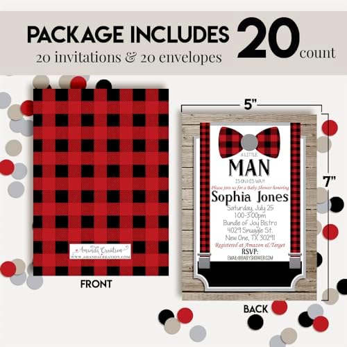 Custom Baby Shower Invites Buffalo Plaid Baby Shower Invitation 20 5x7 Custom Personalized Baby Suspenders Shower Invites With Envelopes - Unique Little Man Theme - Image 4