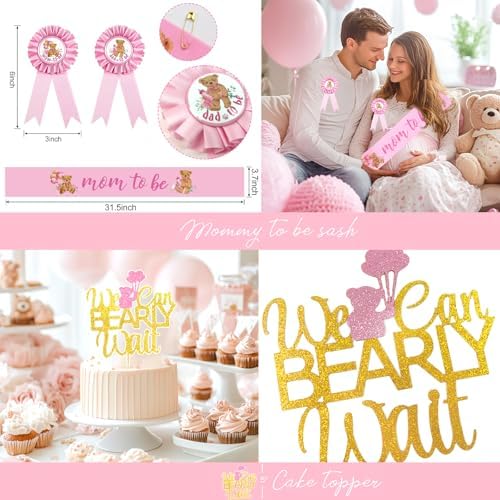 Hombae We can Bearly wait Baby Shower Decoration – 116 PCs Baby Girls Teddy Bear Party Supplies with Teddy Bear Printed Backdrop, Balloon Garland, Tablecloth, Balloon Boxes, Sash, Badges - Image 4