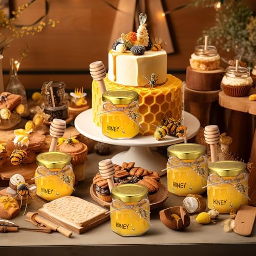 Shellwei 30 Set Mini Glass Honey Jars 1.5 oz Honey Jars Party Favors Bulk with Dipper and Gold Lid, Bee Pendant, and Silk Ribbon for Guests Wedding Baby Shower Favors Gifts - Image 4