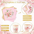 168PCS Flower Tea Party Supplies, Pink Vintage Floral Party Plates Set - Image 4