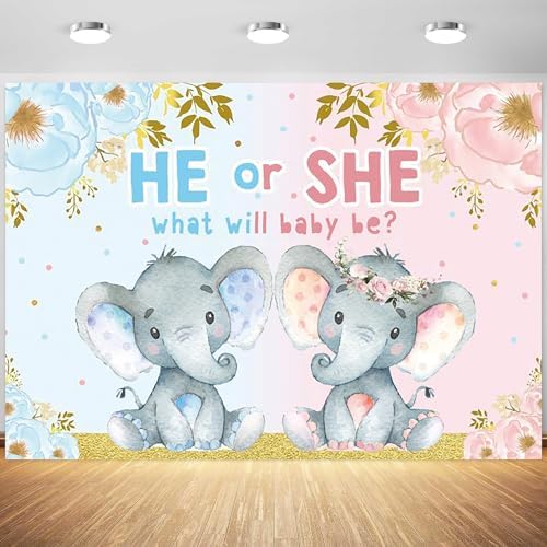 9x6ft Elephant Gender Reveal Backdrop He or She What Will Baby Be Photography Background Boy or Girl Gender Reveal Party Banner Decorations Supplies Photo Booth Props by Tranhiafe