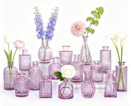 SUPMIND 16 Small Purple Glass Bud Vase, Flower Vase for Table Centerpieces by SUPMIND