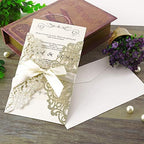 Hosmsua 20PCS Glitter Laser Cut Flora Wedding Invitation with Ribbons and Envelopes 5.12 x 7.3'' Laser Cut Invitation for Wedding Bridal Shower Engagement Sweet 16 Birthday (Champagne Glitter) - Image 3
