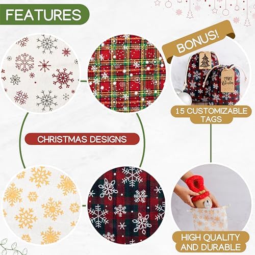 12 Pack Reusable Christmas gift bags with 15 gift tags. Gift sacks. Fabric drawstring holiday gift bags in assorted sizes. Xmas bags for presents, parties & stocking stuffers. (CE3) - Image 3