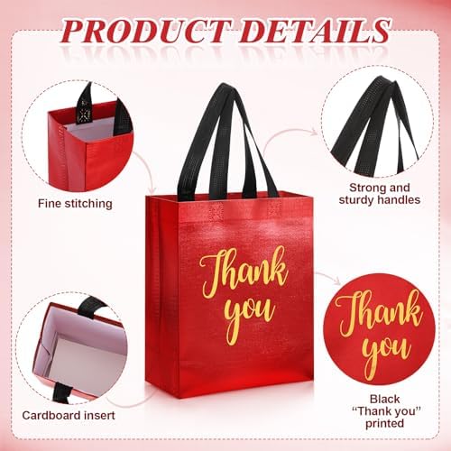 Fumete 50 Pcs Red Glossy Thank You Gift Bag with Handles - Image 3