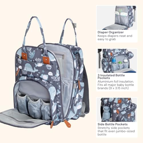 BabbleRoo Diaper Bag Backpack - Baby Essentials Travel Tote - Multi Function Water Resistant Diaper Bag, Travel Essentials Baby Bag with Changing Pad, Stroller Straps & Pacifier Case - Sea Animals - Image 4