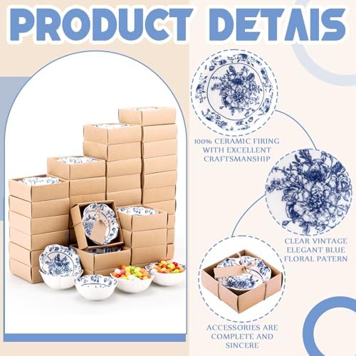 SiliFine 48 Pcs Wedding Favors for Guests Small Ceramic Bowls, Flower, Blue - Image 6