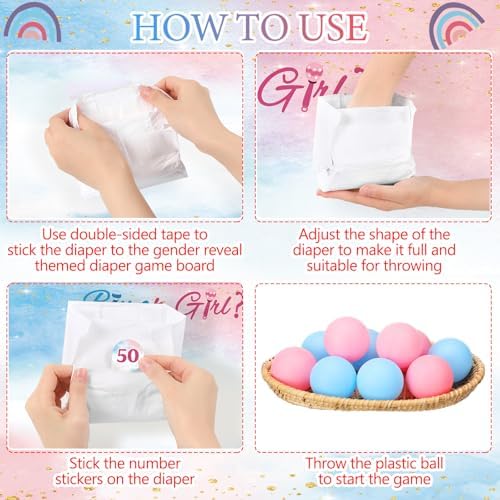 Ctosree 31 Pieces Gender Reveal Baby Shower Diaper Game 1 Diaper Baby Shower Game Board 7 Diapers 10 Plastic Balls 1 Organza Bag for Bridal Games Boy Girl - Image 4