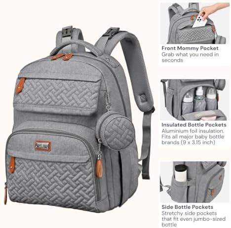 BabbleRoo Diaper Bag Backpack - Travel Large Baby Diaper Bag with Changing pad, Waterproof Baby Bags for Mom & Dad, Unisex Bags with Pacifier Case, Luggage Strap & Stroller Clips– Light Gray - Image 4