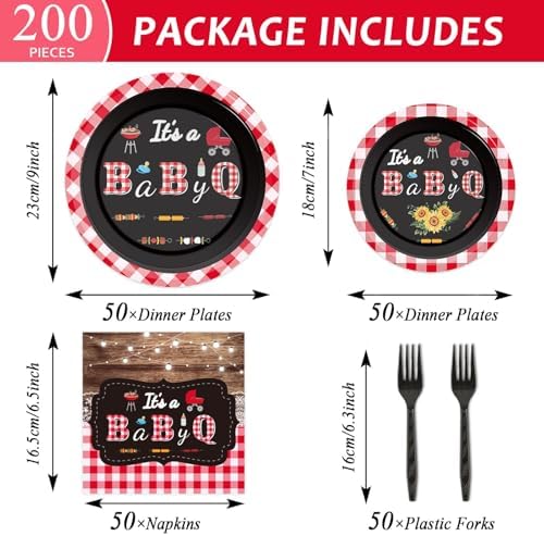200pcs BBQ Baby Shower Plates Napkins Baby Q Paper Tableware Set It's A BabyQ Cake Dessert Disposable Dinnerware Rustic Barbecue Party Decoration for Baby Shower Birthday Decor Supplies Serves 50 - Image 2