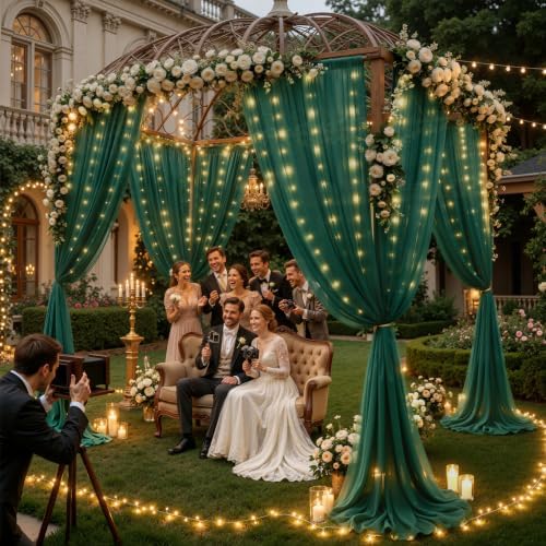 20ft x 10ft Emerald Green Chiffon Backdrop Curtain with Lights String for Parties,4 Panels Sheer Curtain Wedding Photo Backdrop for Baby Shower Birthday Party Ceremony Reception Home Decorations - Image 4