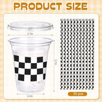 Sliner 50 Sets Checkered Party Cups, 16 Oz Plastic Cups with Lids & Straws - Image 2
