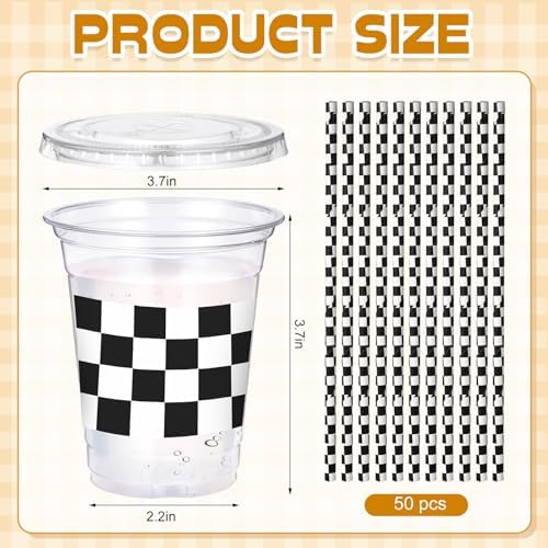 Sliner 50 Sets Checkered Party Cups, 16 Oz Plastic Cups with Lids & Straws - Image 2
