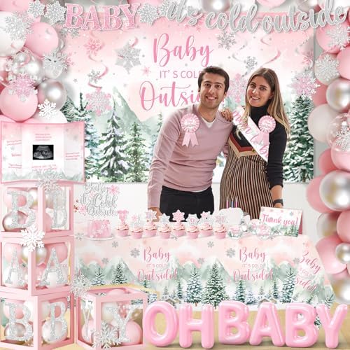 Baby It’s Cold Outside Baby Shower Decorations, Pink Winter Baby Shower Decorations for Girl Winter Woodland Tablecloth Banner Backdrop Balloon Box Cupcake Topper Hanging Swirl for Girl Gender Reveal - Image 3
