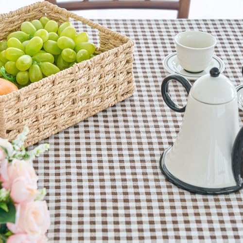 vctops Farmhouse Coffee Plaid Ruffle Table Cloth, Boho Cotton Linen Tablecloth, Washable Table Cover for Rectangle Table Baby Shower Kitchen Party Wedding Decor (Coffee,55"x118") - Image 6