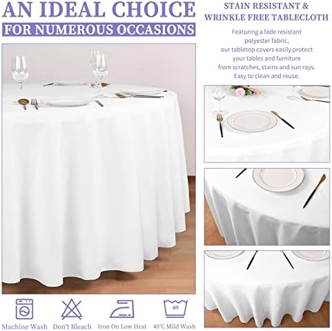 Showgeous 120 Inch White Round Tablecloths, Polyester Table Covers - Image 6