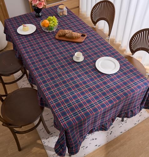 vctops Christmas Navy Plaid Ruffle Table Cloth, Farmhouse Cotton Linen Tablecloth, Washable Table Cover for Rectangle Table Baby Shower Kitchen Party Wedding Decor (Navy,70"x134") - Image 4