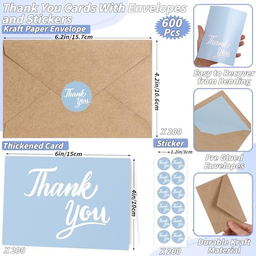 600 Pcs Light Blue Thank You Cards Bulk with Kraft Envelopes and Stickers 4x6 Inch Blank Thank You Notes Box Set Minimalistic Design for Business Wedding Baby Shower Graduation Bridal Shower Birthday - Image 2
